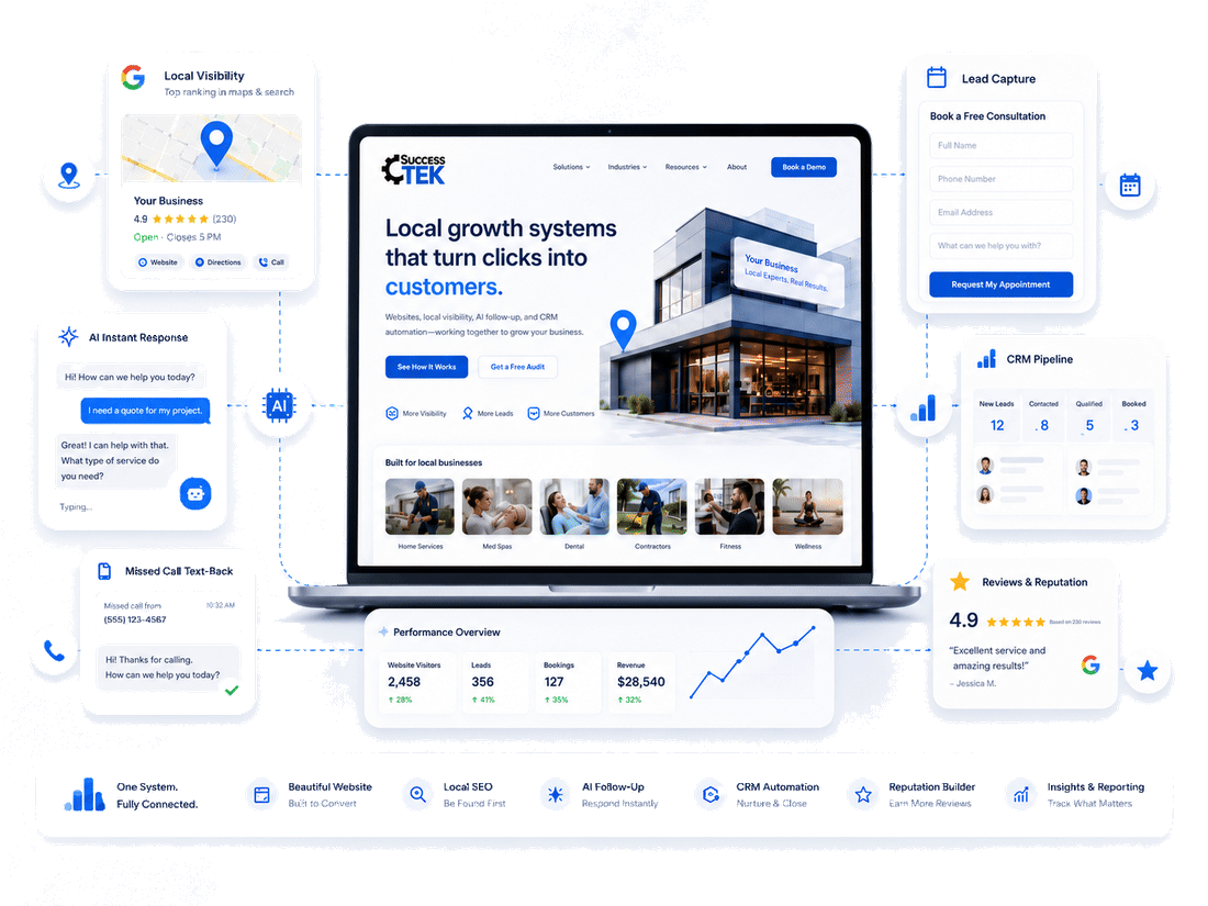 Local business growth website system shown on a laptop, surrounded by feature cards for local visibility, lead capture, CRM pipeline, and reviews