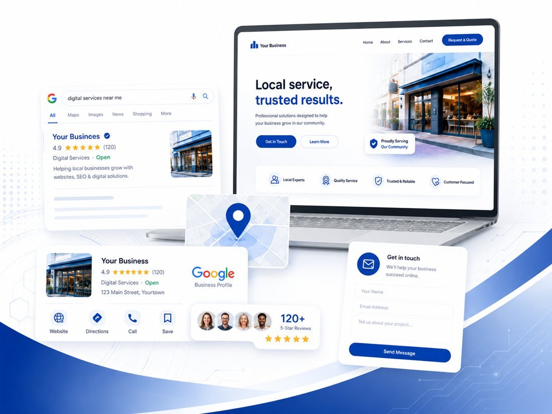 Example local business website shown on a laptop, alongside a Google search result, Google Business Profile with reviews, and a contact form
