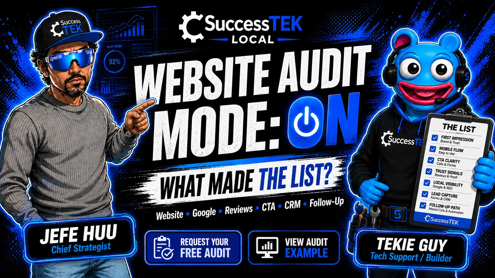 SuccessTek Local Website Audit Mode ON hero graphic with Jefe Huu, Tekie Guy, The List clipboard, and audit callouts